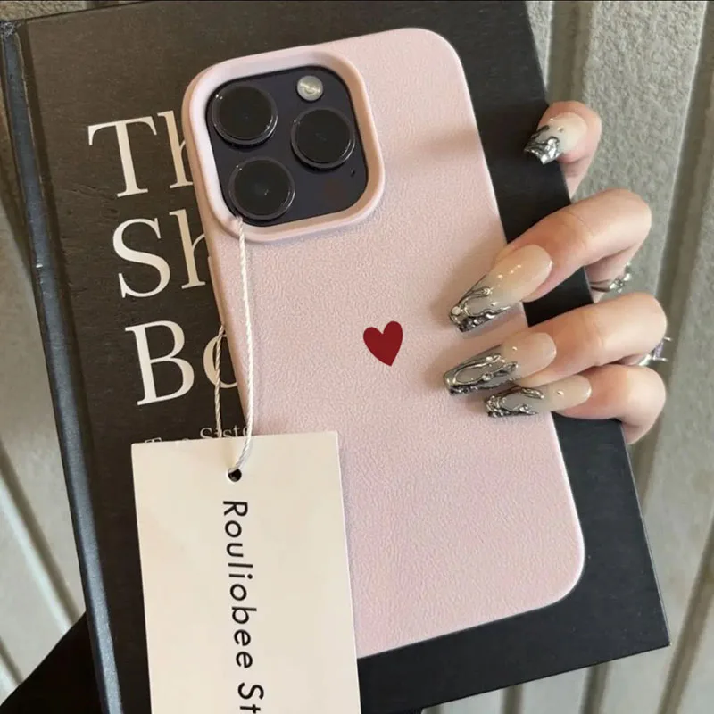 Elegant Red Love Heart Lichee Leather Pattern Phone Case
