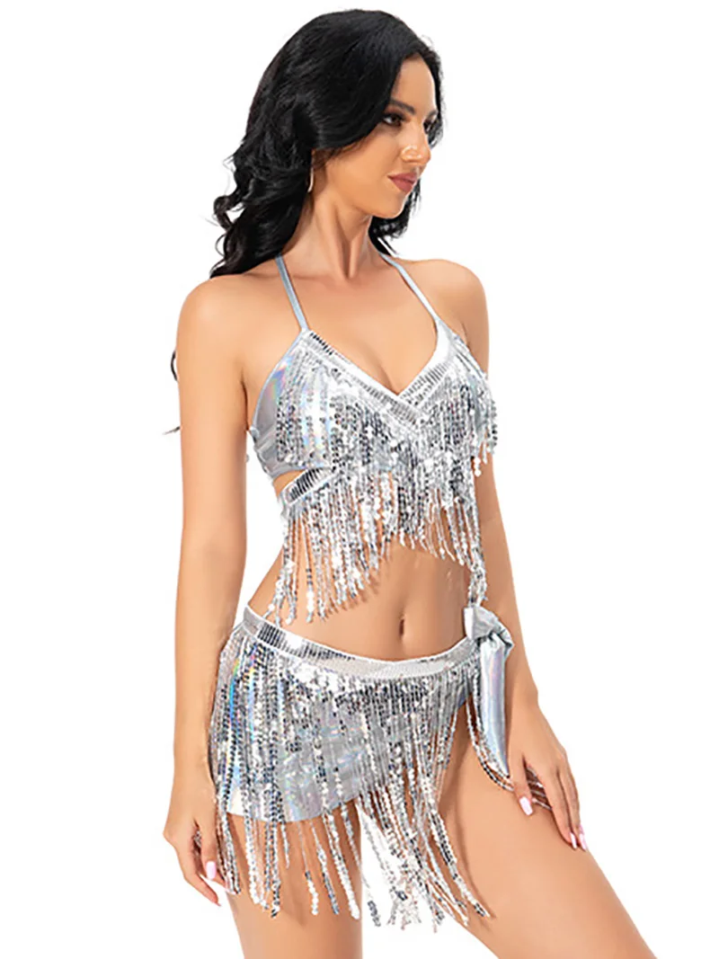 

Women Metallic Shiny Tassels Rave Outfit Latin Dance Clubwear Dancewear Removable Padded Bra Crop Top Mini Skirt Thong Briefs