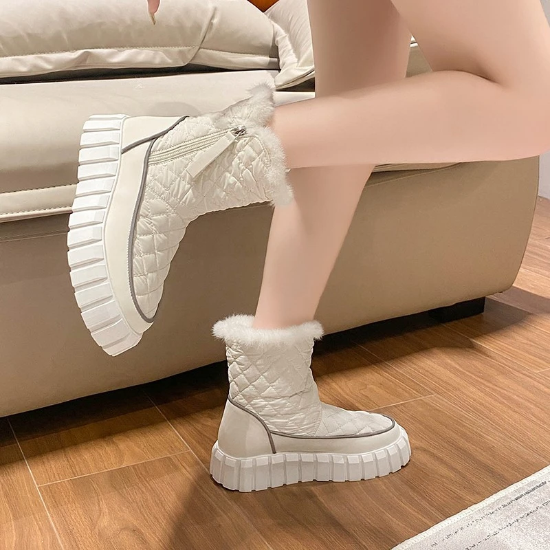 Round Toe Lady Boots  Shoes Winter Footwear Boots-Women Australia Low Lolita 2024 Rubber Autumn Snow Flock Rome Lace-Up Cotton