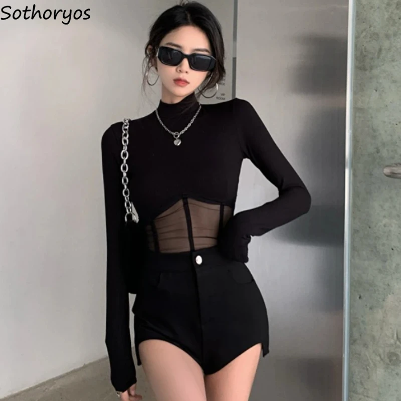 

Черные футболки с длинным рукавом, женские Соблазнительные газовые прозрачные дизайнерские Соблазнительные Клубная одежда для женщин, простая корейская мода, подходящая ко всему для зрелых женщин