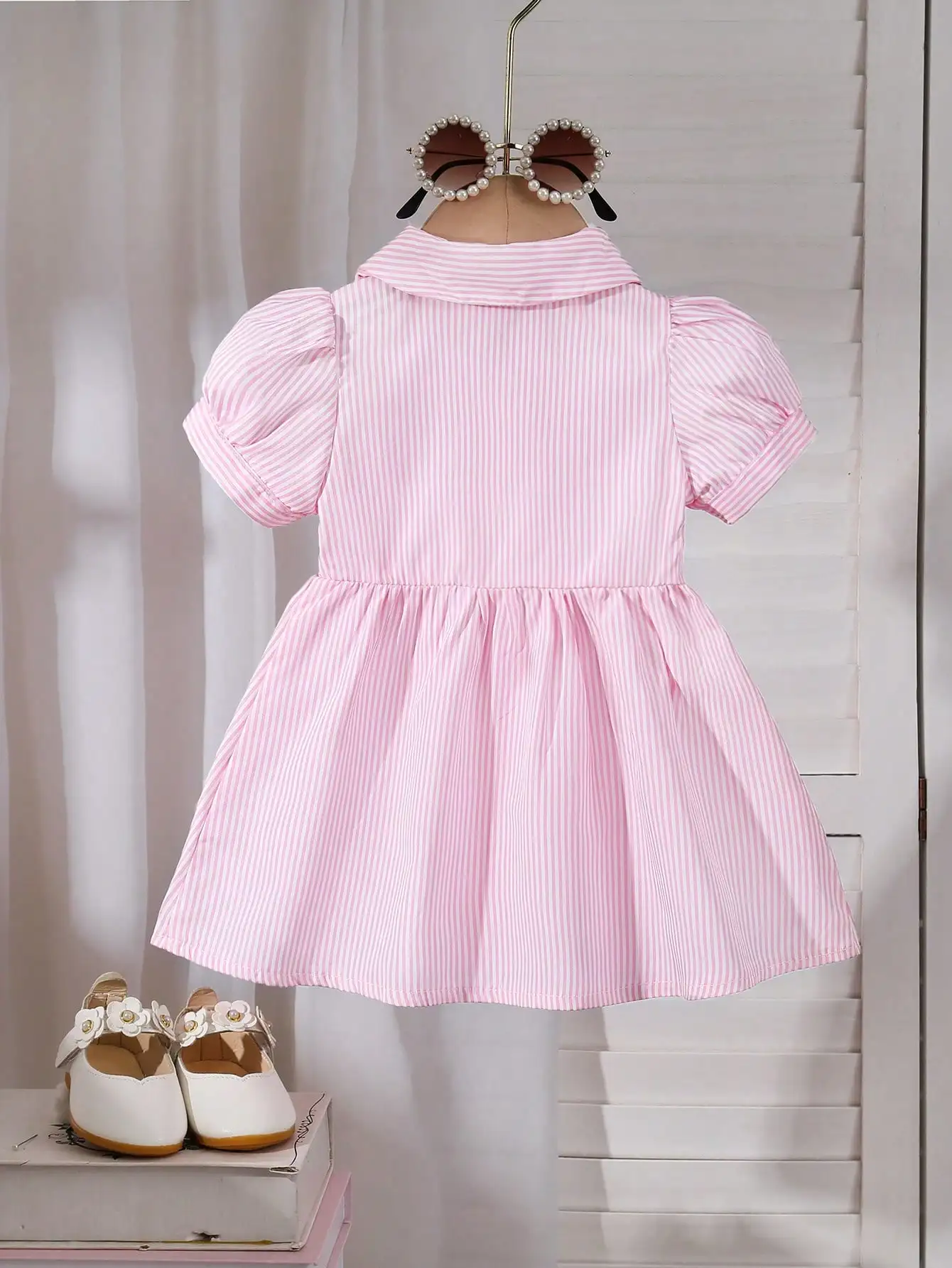 Baby Girl Embroidered Striped Stand Collar Bubble Sleeve Dress, Fresh College Style, Perfect for Outdoor Play, Versatile and Cut 2