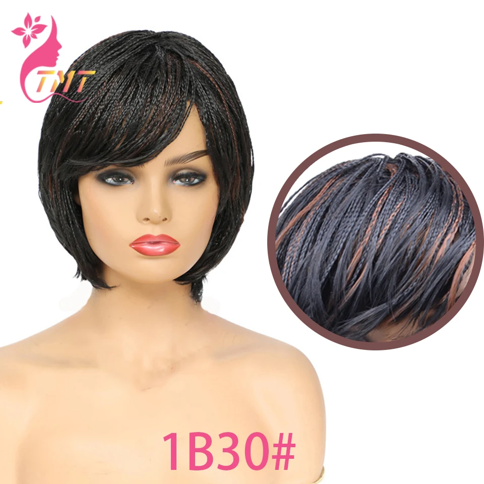 Short Braided Wig With Bangs Synthetic For Black Women Hair African Synthetic Pixie Cut Heat Resistant Ombre Natural Cosplay Wig