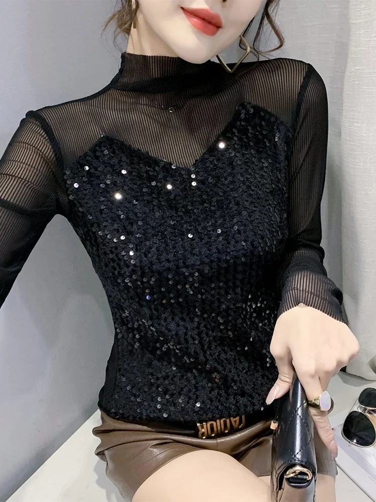Sexy Long Sve T-irt Women's Me Patchwork Base irt Trendy Commute Korean Sle Creative Pattern Splice Bright Sequins