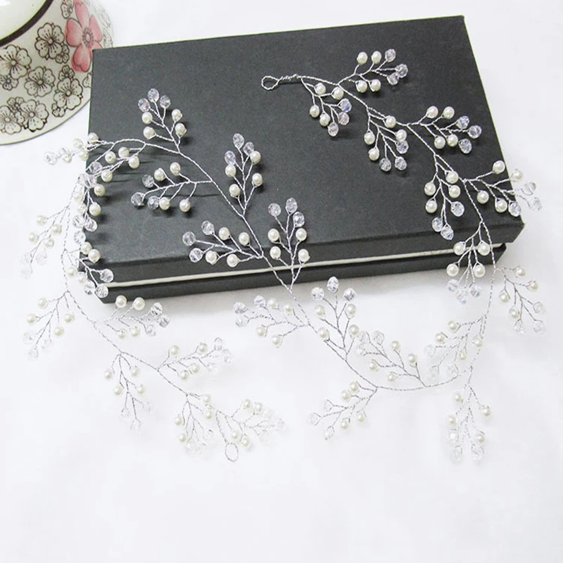 Bridal Hair Accessories Crystal Pearl Tiaras Hairbands Hairpins Bridesmaid Diamante Hair Vine 60cm Crown Headband Wedding Jewelry