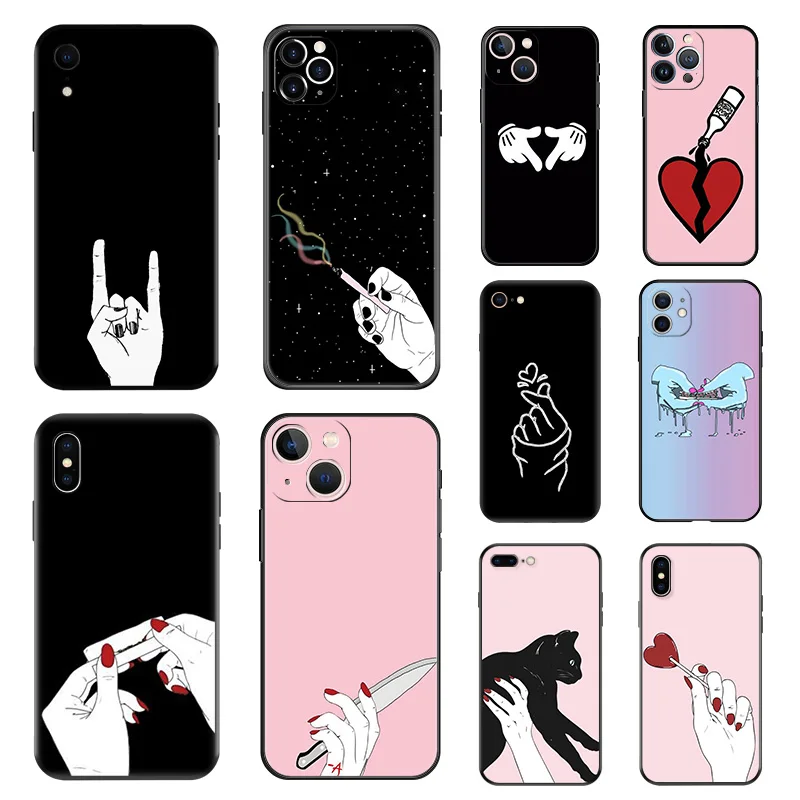 Custodia Per Telefono Opaca Per Iphone 15 Pro Max 14 12 11 13 Mini 7 8 Plus Xs Se 2022 X Xr 14Pro Cartoon Hand Gesture Cover Morbida Nera