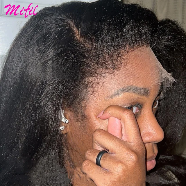 Perruque Lace Front Wig Naturelle Bouclée, Cheveux Crépus Lisses, Yaki, 13x4, Pre-Plucked, Transparent HD, pour Femme 1