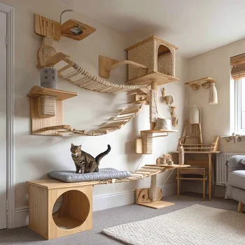 Wall-Mounted Wooden Cat Climbing Shelves Set 1