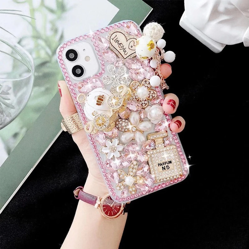 Luxury Pearl Pendant Rhinestone Phone Covers For Samsung Galaxy S24 S23 S22 S21 S20 Ultra Plus Note10 Bling Diamonds Flower Case phone case