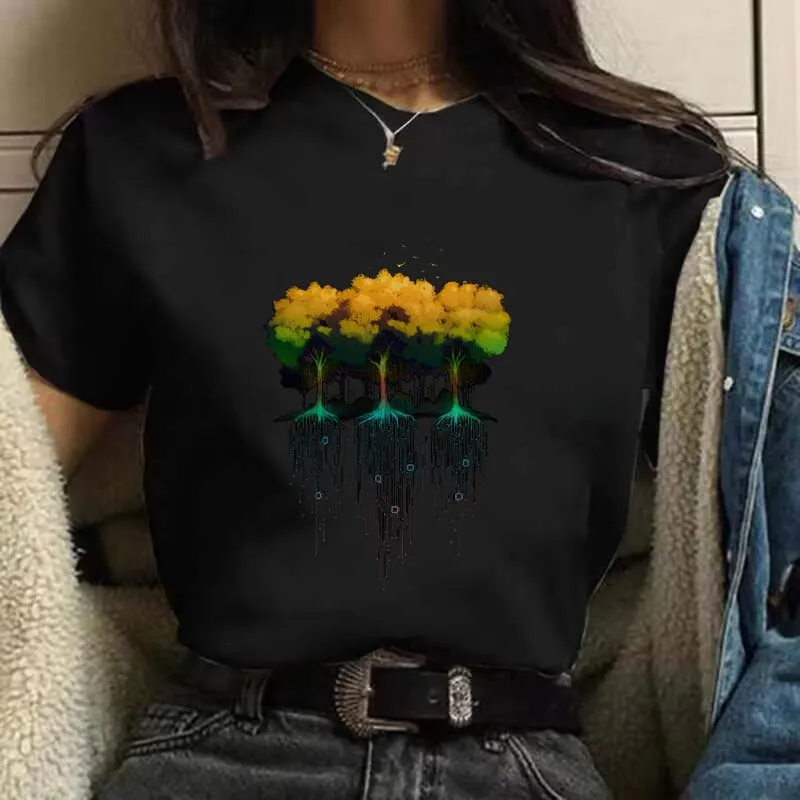

Модная Универсальная футболка с принтом, женская одежда, футболка с принтом, повседневная Милая футболка с коротким рукавом и мультяшным принтом дерева