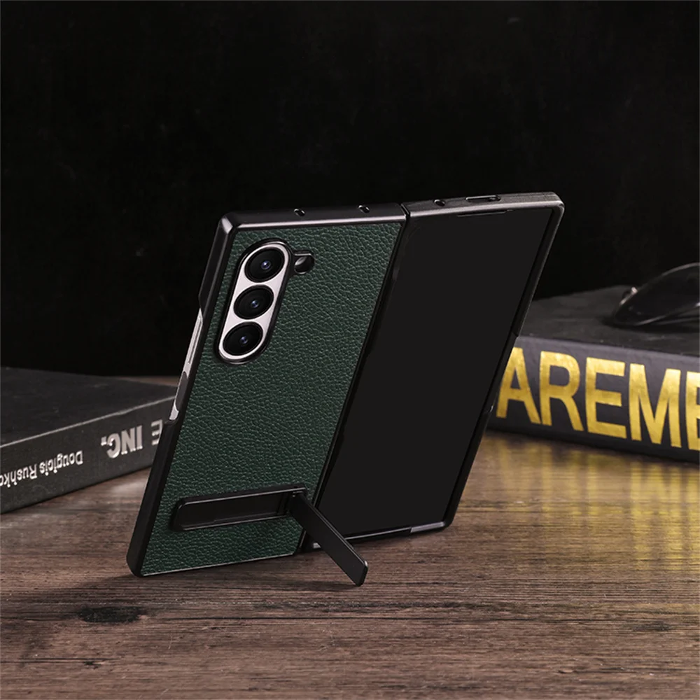 Elegant Litchi Leather Invisible Bracket Case with Stand Holder and Thin Bumper Design