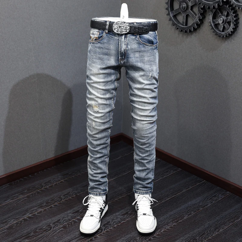 Italian Style Fashion Men Jeans High Quality Retro Blue Elastic Slim Fit Ripped Jeans Men Vintage Designer Denim Pants Hombre