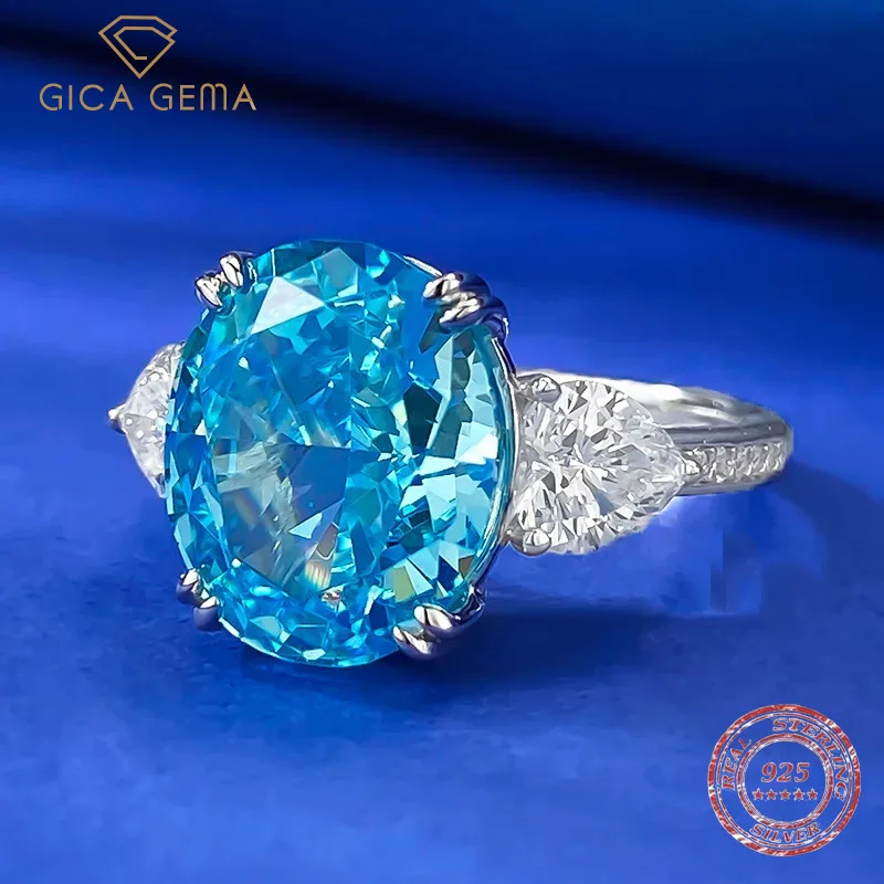 

Gica Gema Charms 100% 925 Real Silver 10*12mm Sea Blue Rings For Women Gemstone Lab Diamond Wedding Party Fine Jewelry Gifts