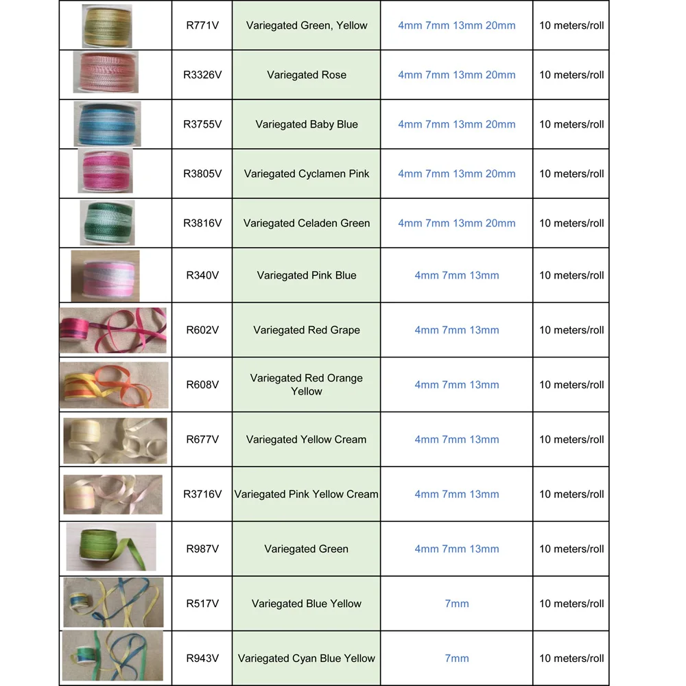 리본 자수, 10M/piece를 위한 자연적인 순수한 실크 리본 분홍색 복숭아 모브 크랜베리 매화 산호 장미 빨강 색깔 13mm 7mm 4mm 2mm