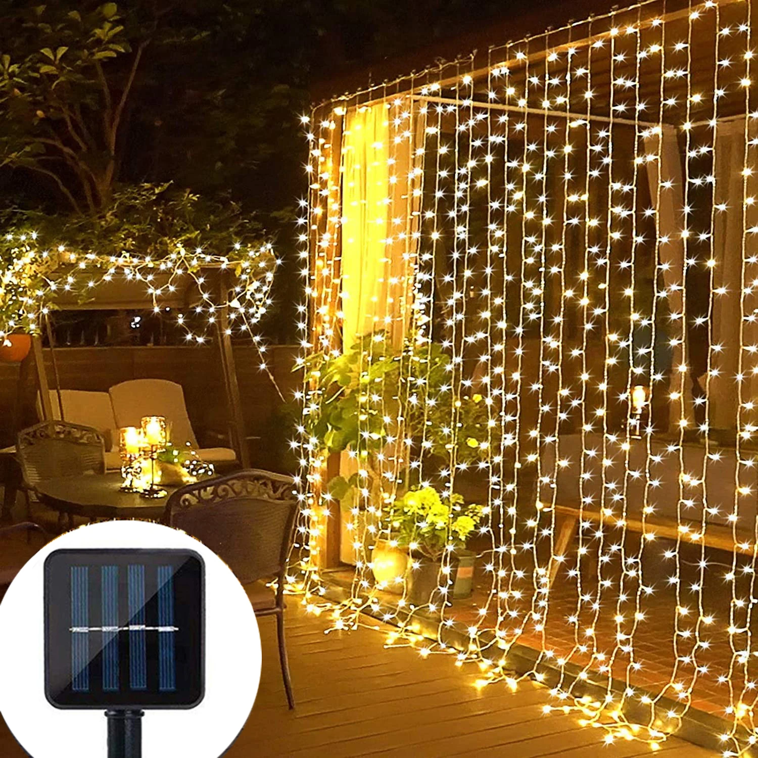 Guirnalda luces LED Solar para decoración navideña, cortina de luz con control remoto, para exteriores e interiores, 8 modos, para fiesta y boda| Luces festivas| - AliExpress