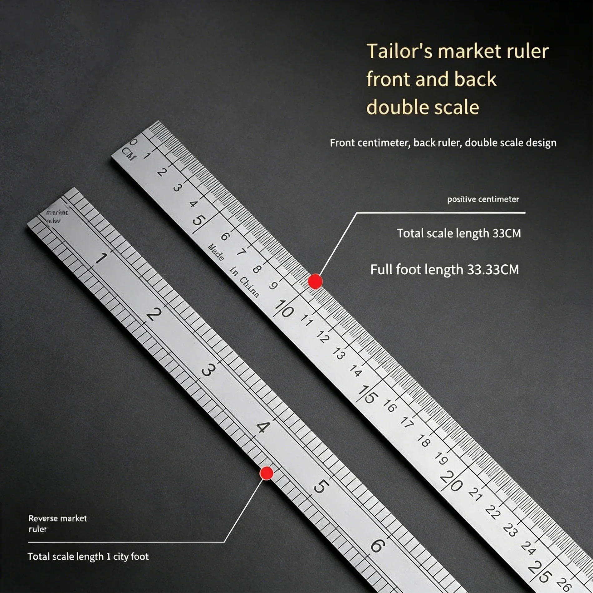 33cm 스테인리스 스틸 자 |   두꺼운 직선형 모서리와 시티 인치 스케일 |   재봉, 도면 및 학생용 측정 도구