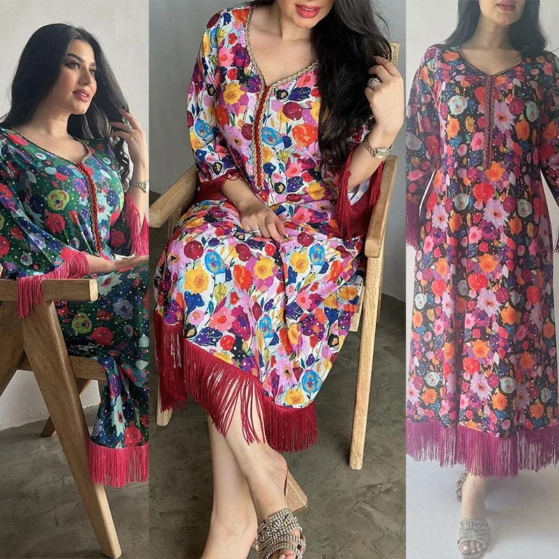 

Folk Costume Arab Cross-Border Ladies Bronzing Printed Casual Dubai Muslim Robe
