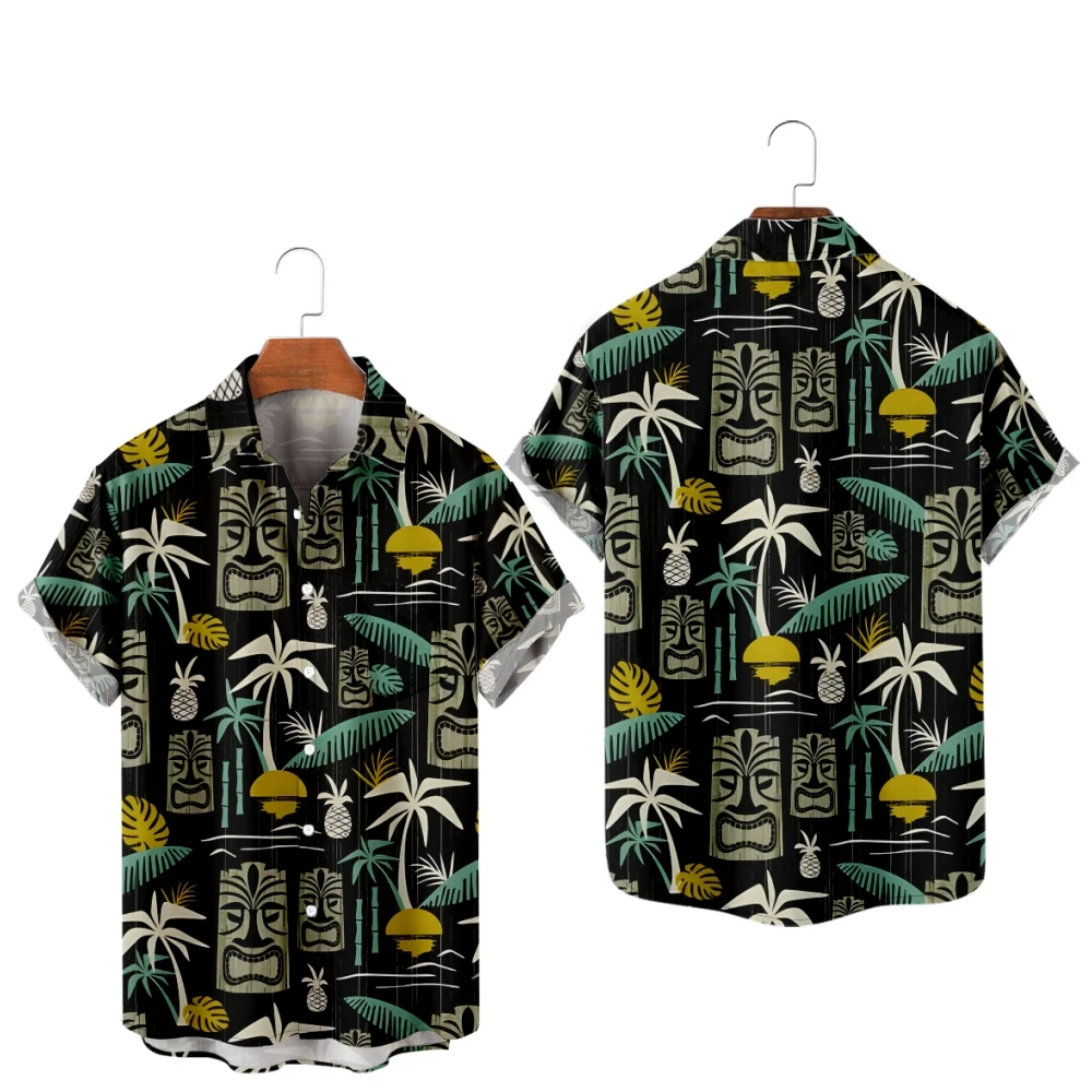 

Hawaiian Shirts for Men Coconut Trees and Tribal Masks Print Shirts Short Sleeve Summer Beach Vacation Tops Breathable