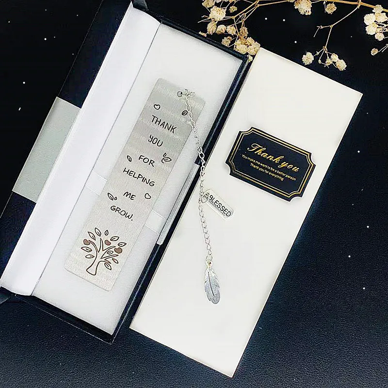 

1pc Luxury Boxed Stainless Steel Thank-you Bookmark for School Teacher Mother's Father's Day Thanksgiving Day Christmas Gifts
