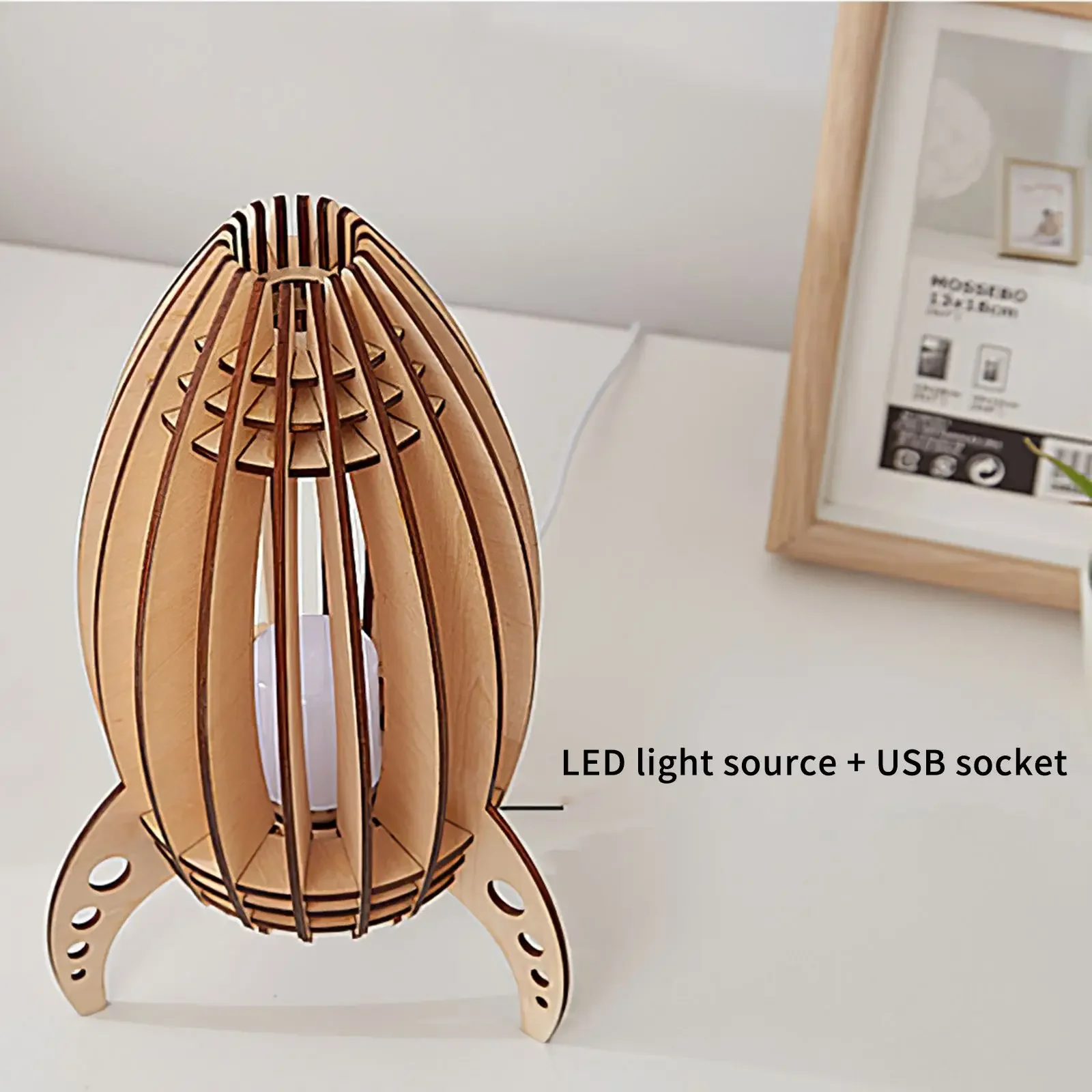 Wooden Led Space Rocket Lamp Handmade Wood Carving Rocket