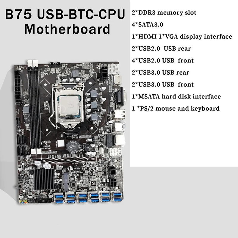 B75 BTC Mining Motherboard With G530/G630 CPU+Thermal Pad+Screwdriver+Switch Cable 12 USB3.0 Slot LGA1155 DDR3 RAM SATA3 cheap pc motherboard