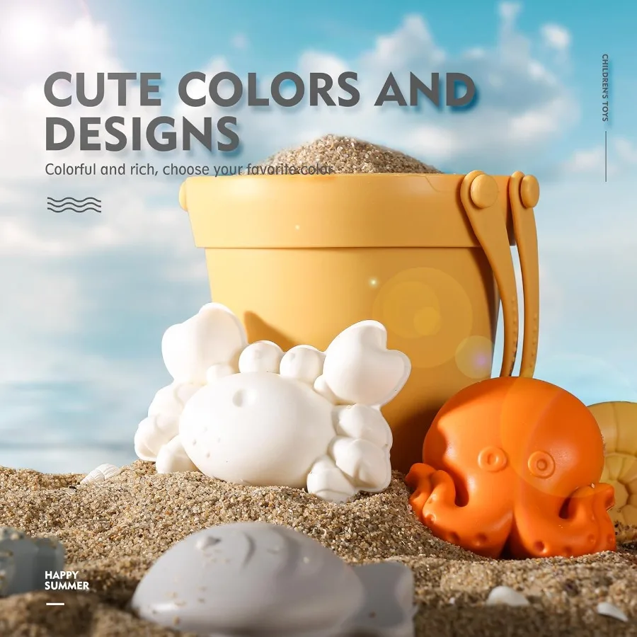 11Pcs Silicone Beach ToysModern Baby Beach Toys Travel Friendly Set Eco Friendly Toy Silicone Bucket Shovel 8 Sand Molds