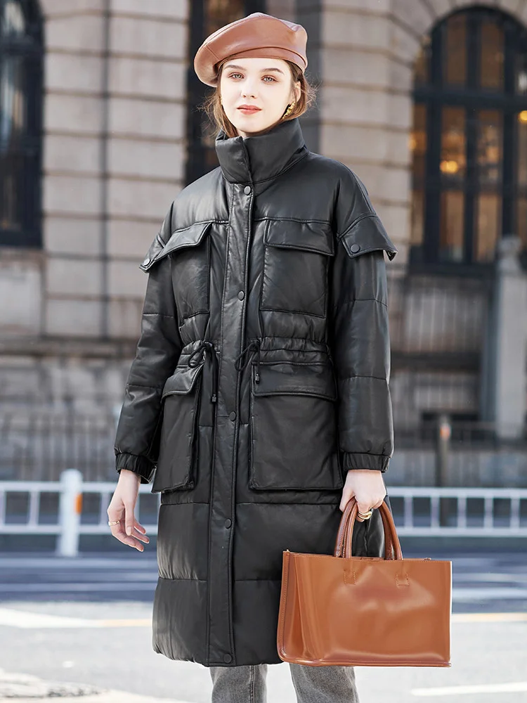 

Женское кожаное пальто средней длины, зимнее пальто из овечьей кожи с воротником-стойкой и поясом на талии, 2023