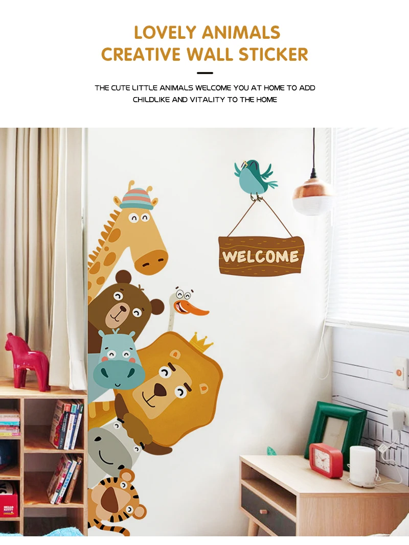 Description Picture 2 of itemCartoon Animals Wall Stickers For Kids Rooms Door Sticker Baby Child Bedroom Corner Wall Decoration Home Decor Self-adhesive