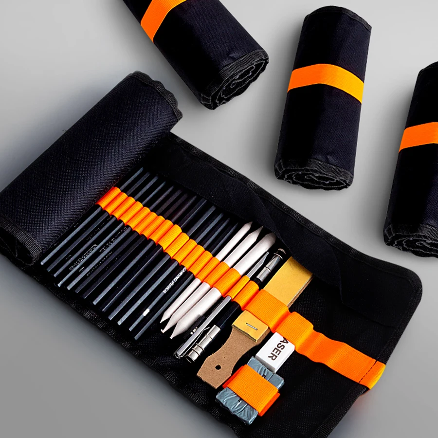 Sketching Pencil Set 27/38/48pcs Sketch Pencils Set Sketching Kit Roll Up Canvas Wrap Bag Drawing Art Supplies Charcoals Kneaded Eraser Pencil Case