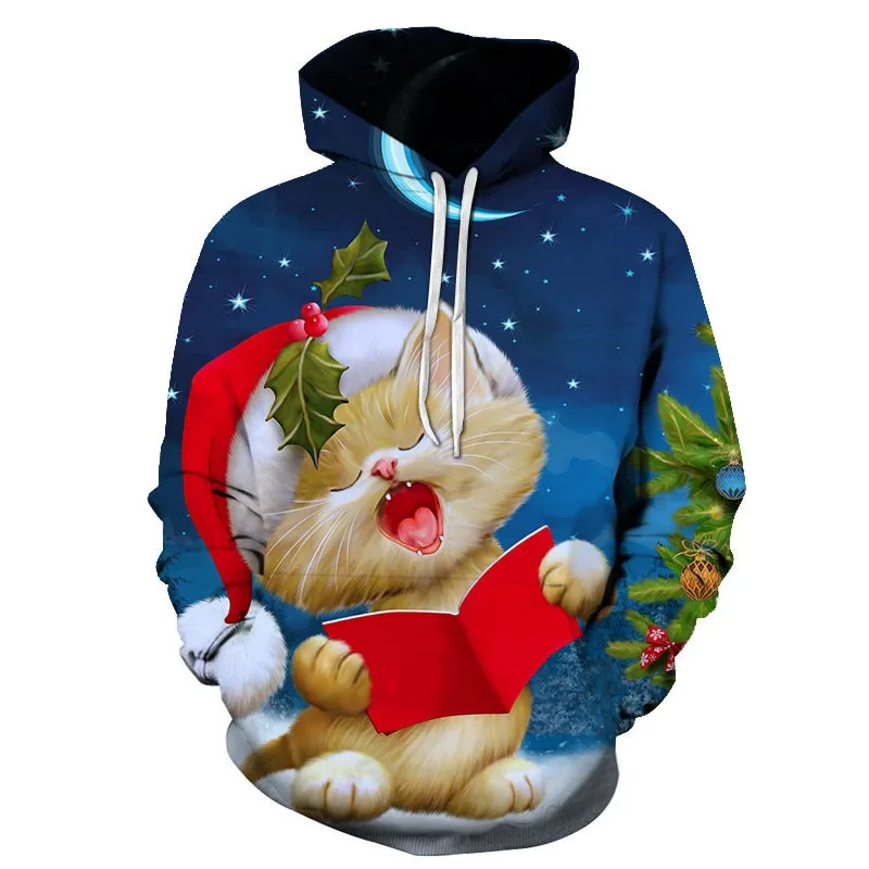 

Men's and women's Christmas cat hooded sweatshirts, fashionable clothing, fun children's animal print outerwear, Harajuku large