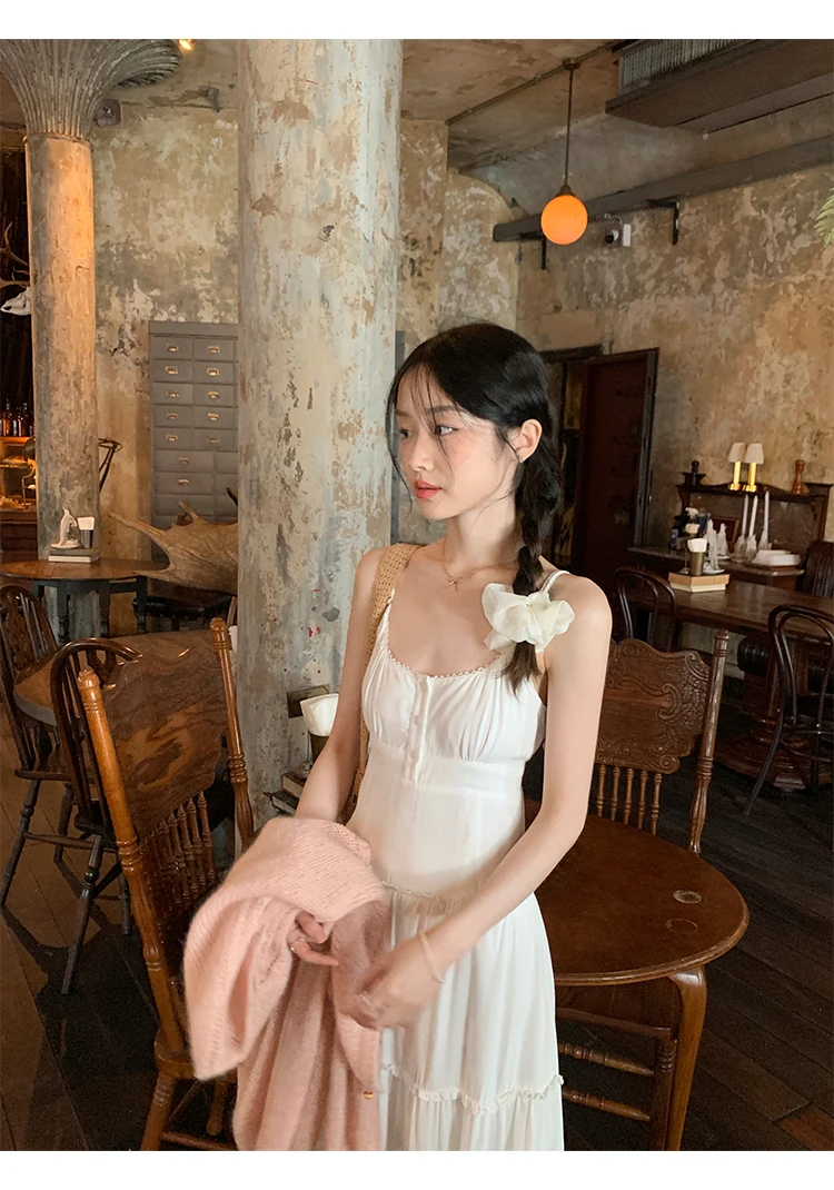 French Elegant Dresses for Women Solid Spaghetti Strap Summer New Ruffles A-line Casual Korean Chic Midi Vestidos Mujer