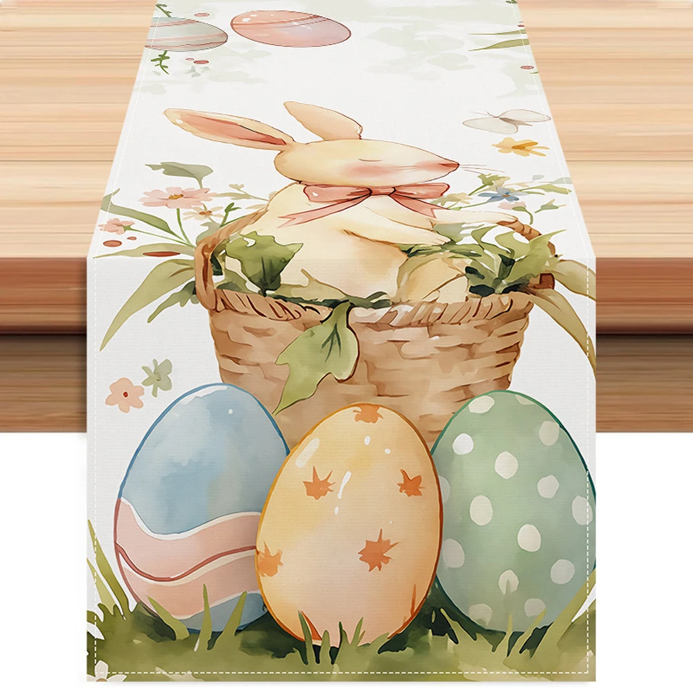 Easter Bunny Eggs Linen Table Runner Easter Rabbit Table Runner Washable Bunny Dining Table Cloth Placemat Holiday Party Decor