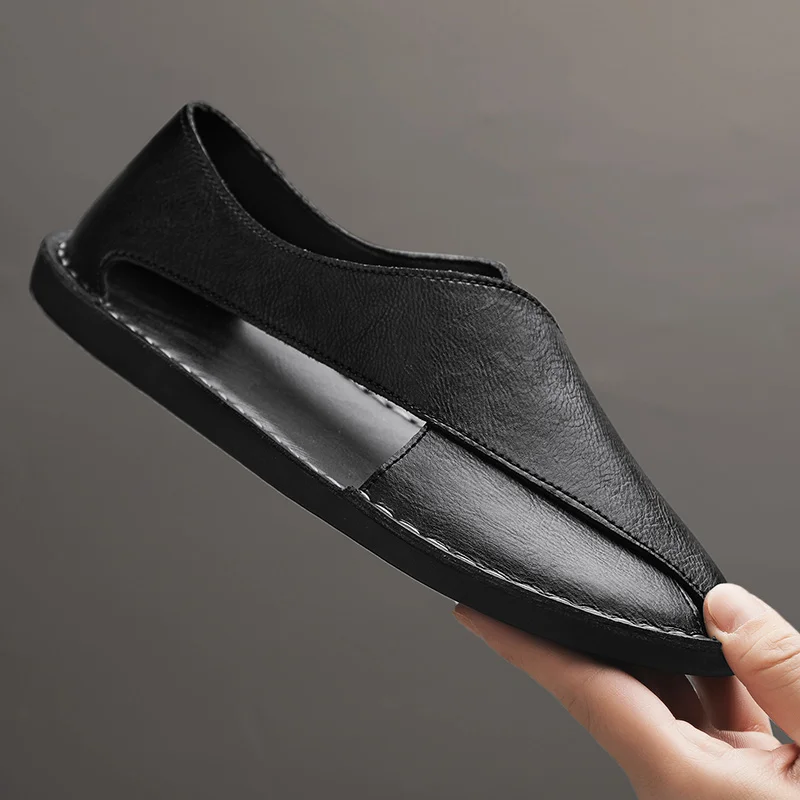 Summer Men's Sandals Handmade Leather Casual Shoes Comfortable Slip-On Beach Shoes Breathable Sandals Loafers Wading Aqua Shoes