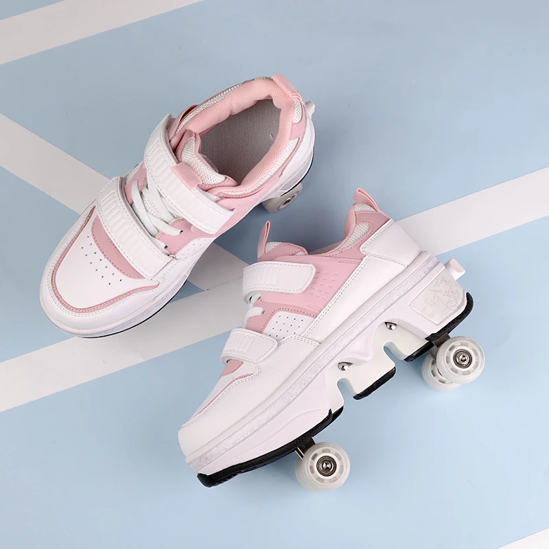 Children Wheels Shoes Roller Sneakers 4 Wheels Skates Adult Runaway Parkour Deformation Shoes Women Men Youth Kids Gift