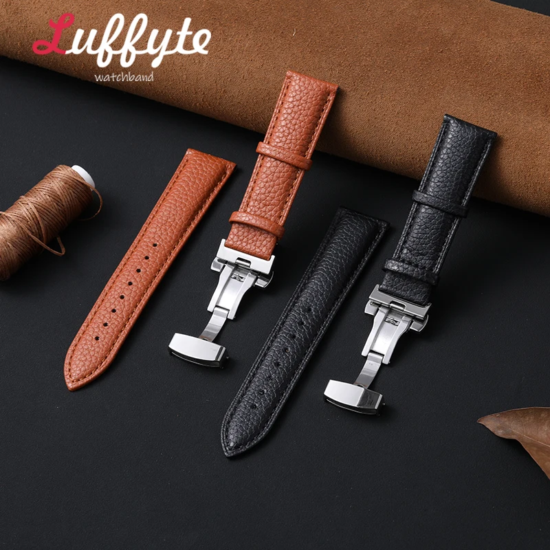 Elegant Lychee Leather Watch Band with Butterfly Buckle - Includes Gift Box