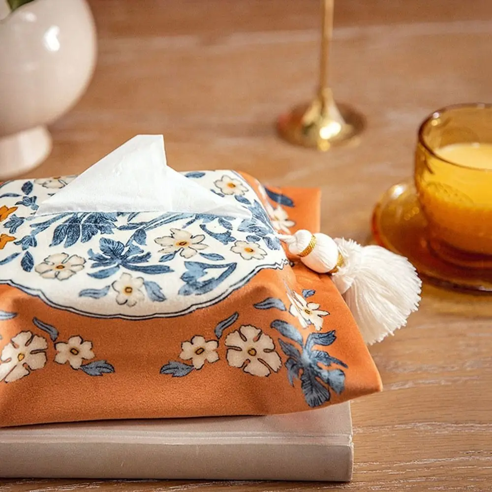 Description Picture 5 of itemRetro 18x24cm Short Plush Tissue Bag American Floral Tissue Box Holder Decorative Reusable Napkin Paper Box Bathroom