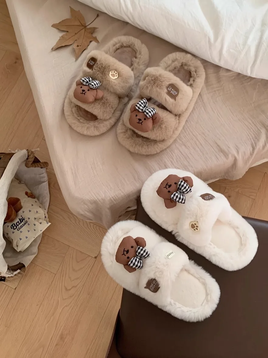 Women Home Slippers Cute Bow With Teddy Bear Fur Slippers, Versatile For Indoor And Outdoor Autumn And Winter 3