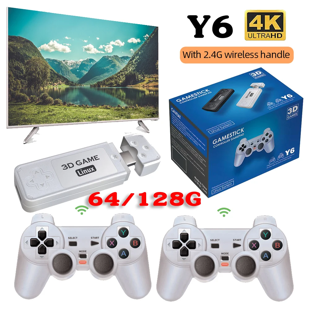 

Y6 4K Retro Video Game Console 64/128G 10000 Game HD 2.4G Wireless Controller Emuelec 4.3 Multiple Languages 3D Video Game Stick