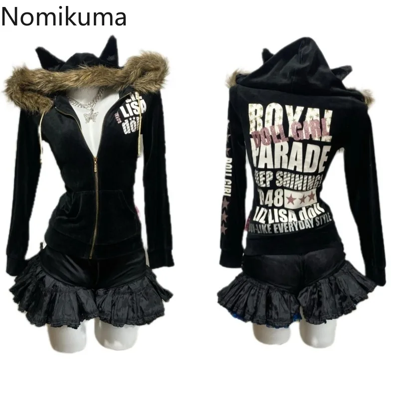 Japanese Sweatshirts Coat Women's Clothing Cat Ear Hooded Fashion Hoodie Streetwear Casual Zipper Hoodie Letter Print Y2k Tops