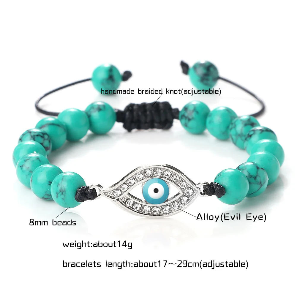 Popular Light Blue Evil Eye Bracelets Turkish 8mm Natural Stone Tiger Eye Black Lava Energy Yoga Balance Jewelry For Women Men images - 6