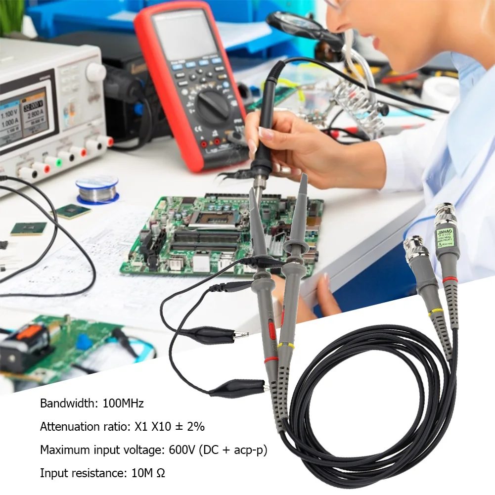 2PC 100MHz BNC Oscilloscope Probe Kit Pluggable Accessories Pro High Precision Scope Analyzer Clip Testing Probes