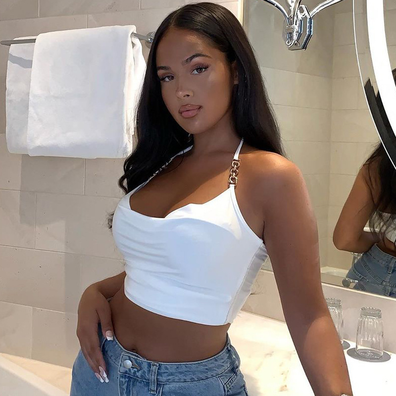 2025 Summer New Style European and American Ins Sweetheart Sexy Metallic Halter Lace-Up Vest T-Shirt Women's Fashion Versatile S