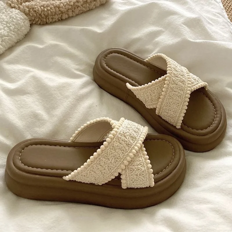 Women's Korean Style Crisscross Fabric Strap Platform Slippers, Pom Pom Trim Chunky Sole Outdoor Summer Slide Sandals 6