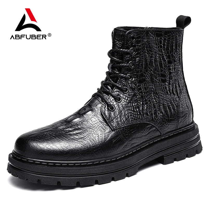 

Crocodile Texture Leather Shoes Men Boots Winter Outdoor Leather Military Boots Shoes High Top Warm Boots Men With Fur Autumn