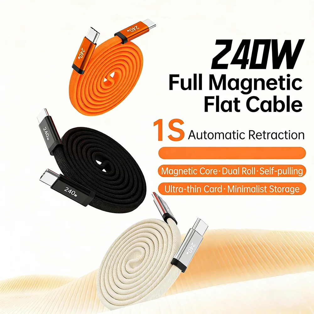 High-Speed 240W Magnetic USB-C Coiled Charging Cable - Durable Flat Nylon Cord
