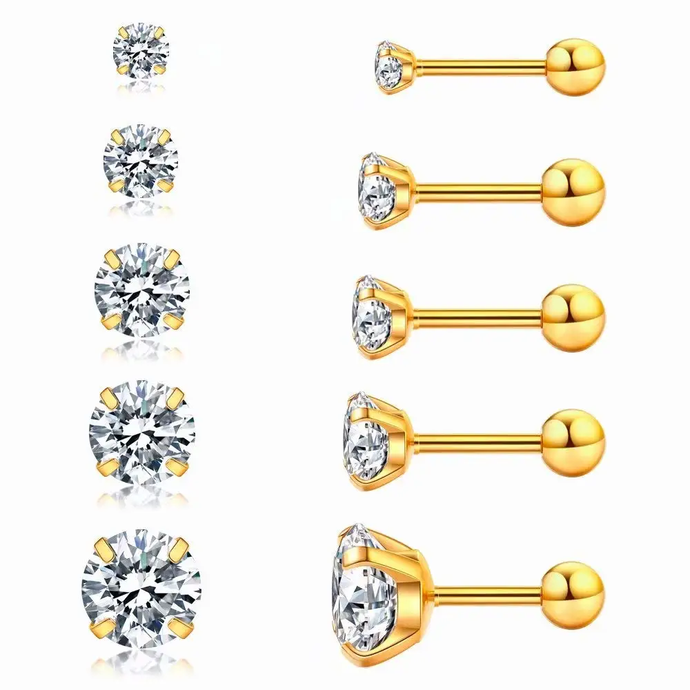 5 Pairs Stud Earrings Set, Hypoallergenic Cubic Zirconia 316L Earrings  Stainless Steel CZ Earrings 3-8mm, Rose Gold