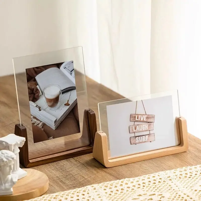 Walnut and Beech Acrylic U-Shape Photo Frame - Transparent Desktop Wood Frame for Wedding and Office Decor