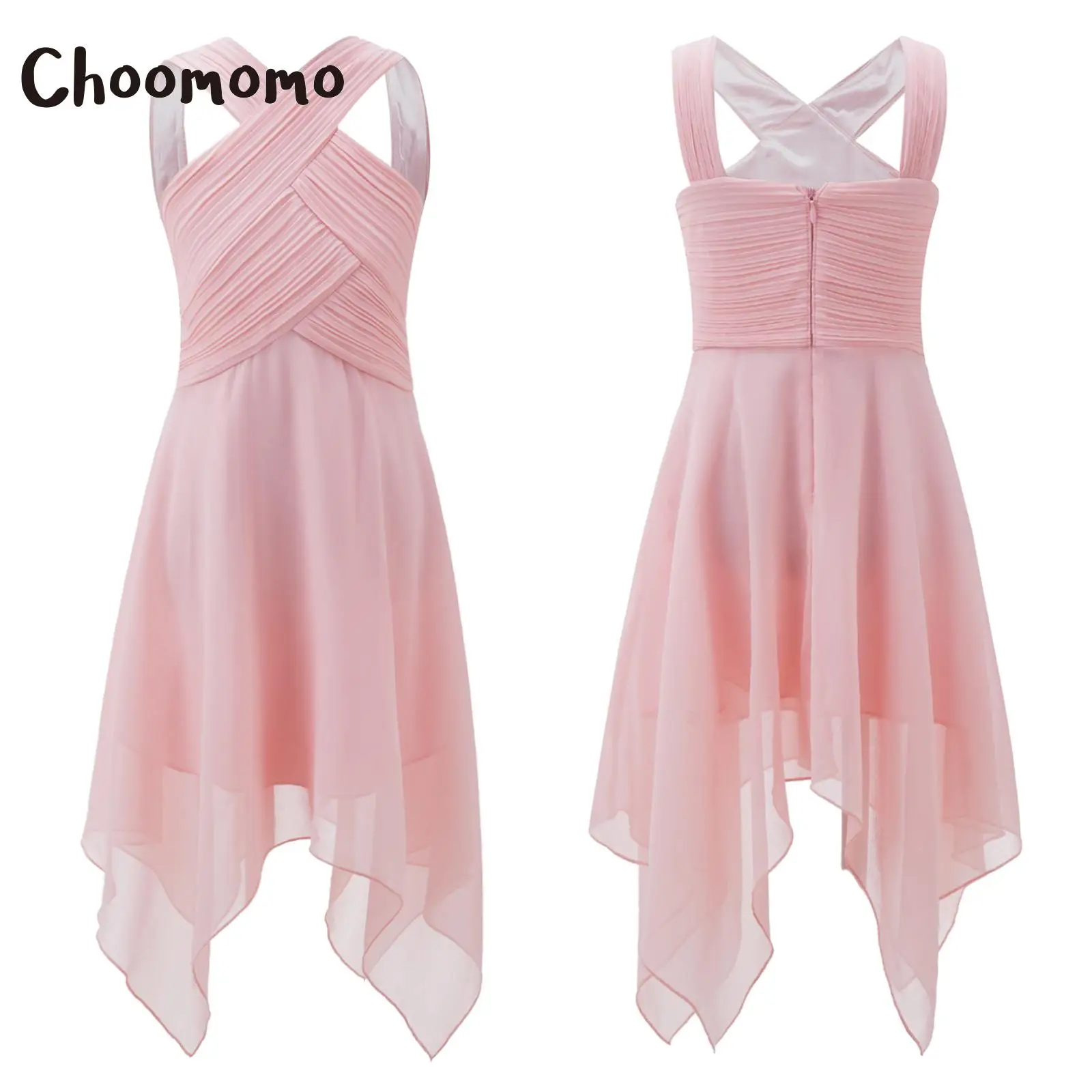 

Choomomo Kids Girls 6-16 Sleeveless Ruched Bodice Elegant Chiffon Party Dress Asymmetrical Hem Smooth Dress for Evening Weddings