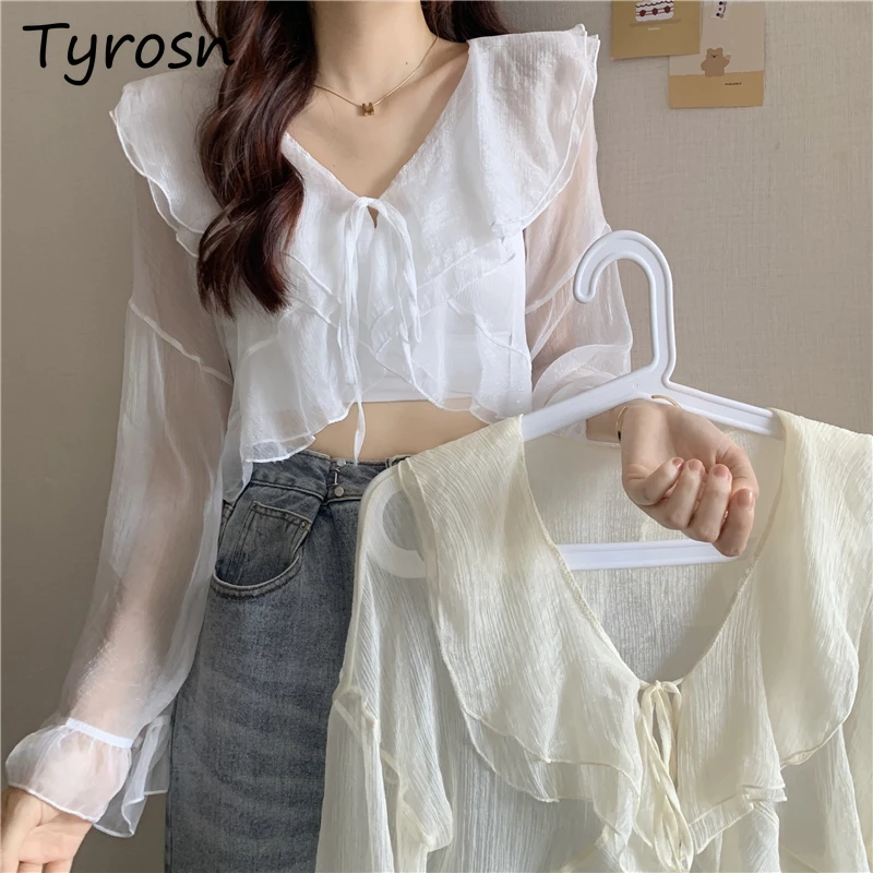 

Mesh Women Blouse Fairy College Midriff-baring Lace Up Sweet Korean Style Tender Ruffles Long Sleeve Beach Holiday Summer V-neck