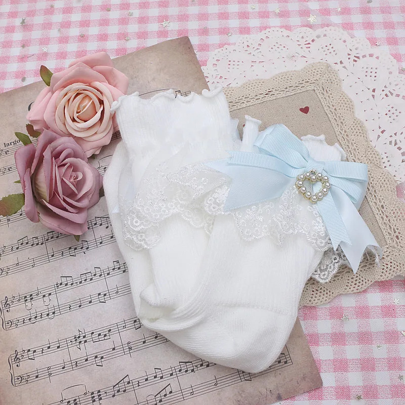 Japanese Lolita Style Sweet Cute Lace Pearl Heart Pendant Back Bow Soft Girl Short Socks Women's Stockings Apparel Accessories