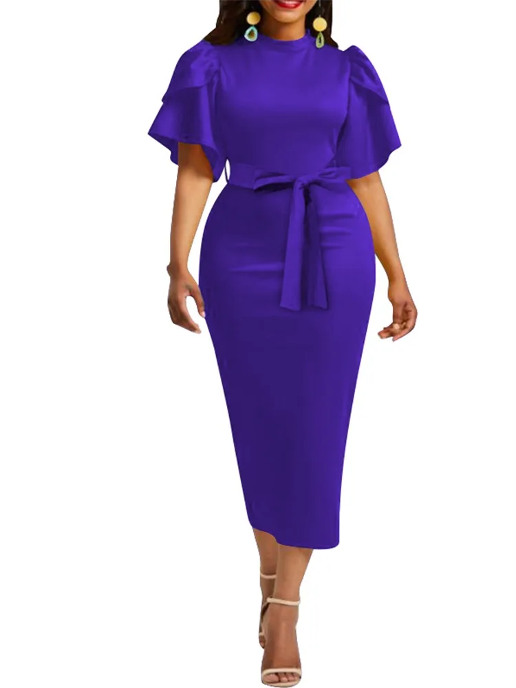 

2023 Summer Dresses for Women Round Neck Lace Up Ruffle Sleeve Work Dress Vestidos De Mujer Casual Elegant Midi Robe Female